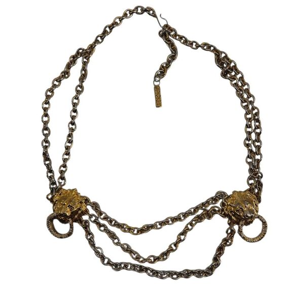 Vintage Lion Head Triple Chain Belt Rhinestone Doorknocker Gold Tone